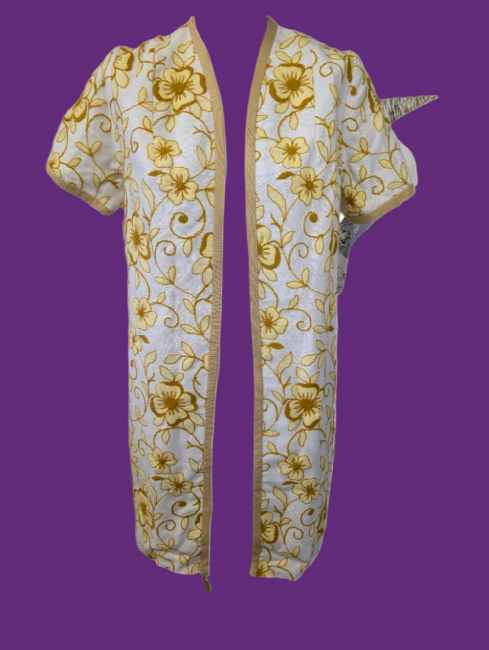 Vintage Coat Edith Flagg  White  Mustard Yellow Floral Crewel Work